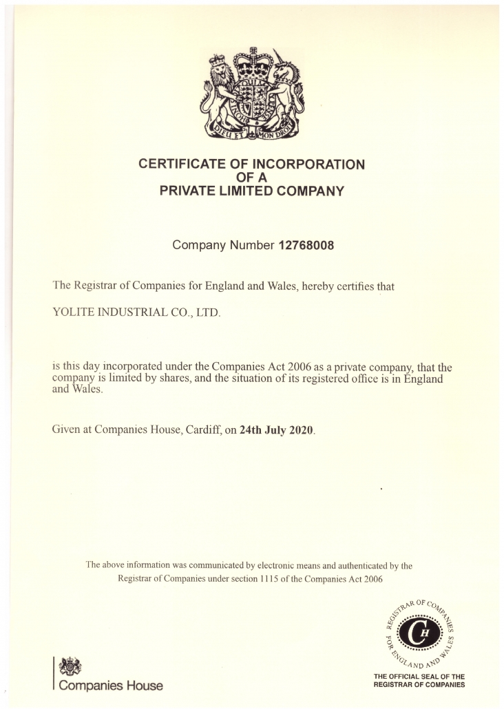CERTIFICATE OF INCORPORATION OF A PRIVATE LIMITED COMPANY YOLITE INDUSTRIAL CO.,LTD.